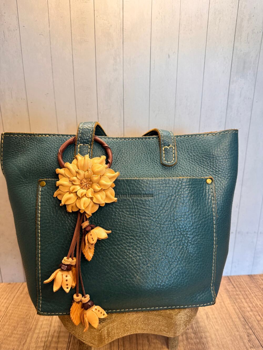 Beige Flower Leather Purse Charm Genuine Leather SunFlower Bag Charm FAST SHIP